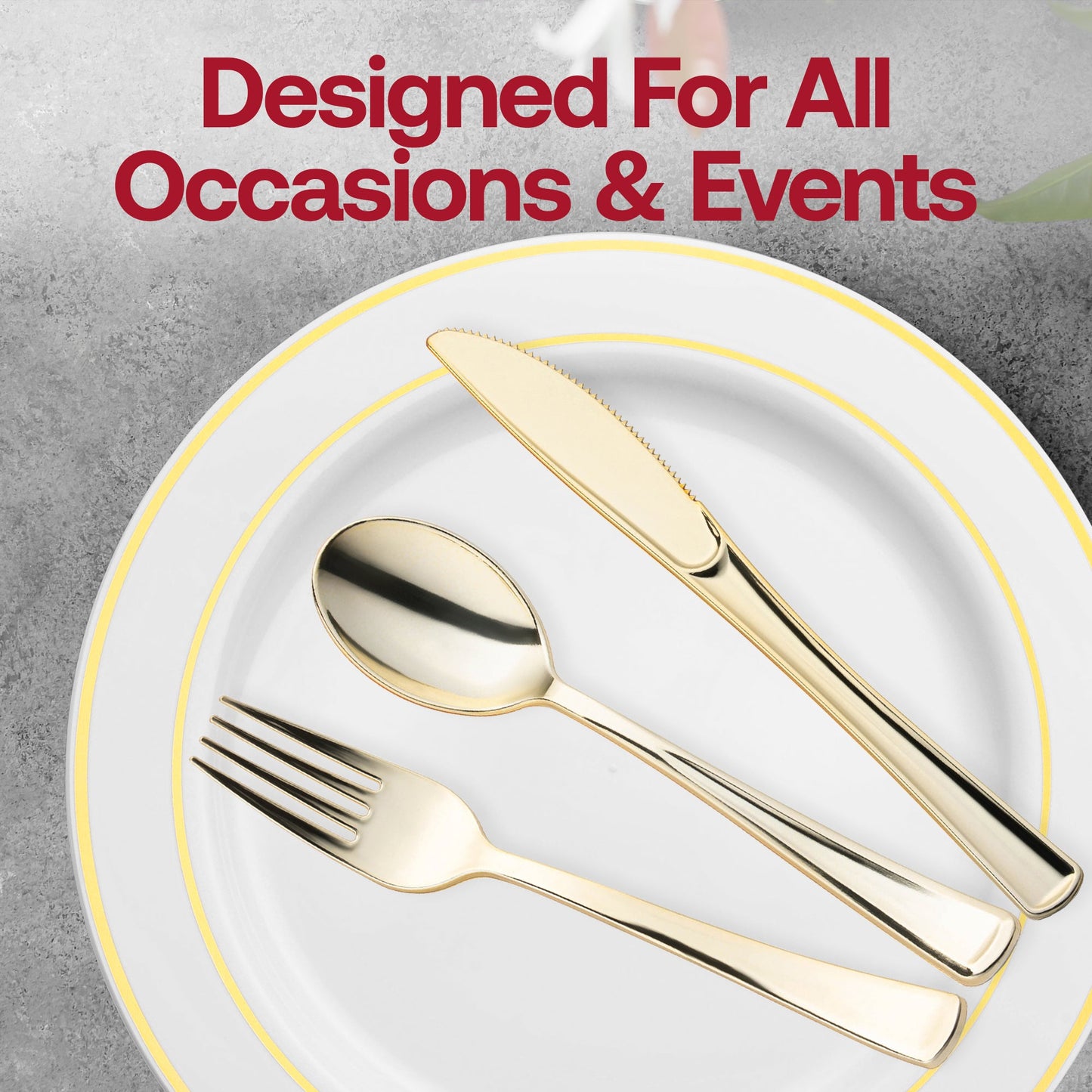 Gold plastic cutlery and cups make this set both stylish and convenient