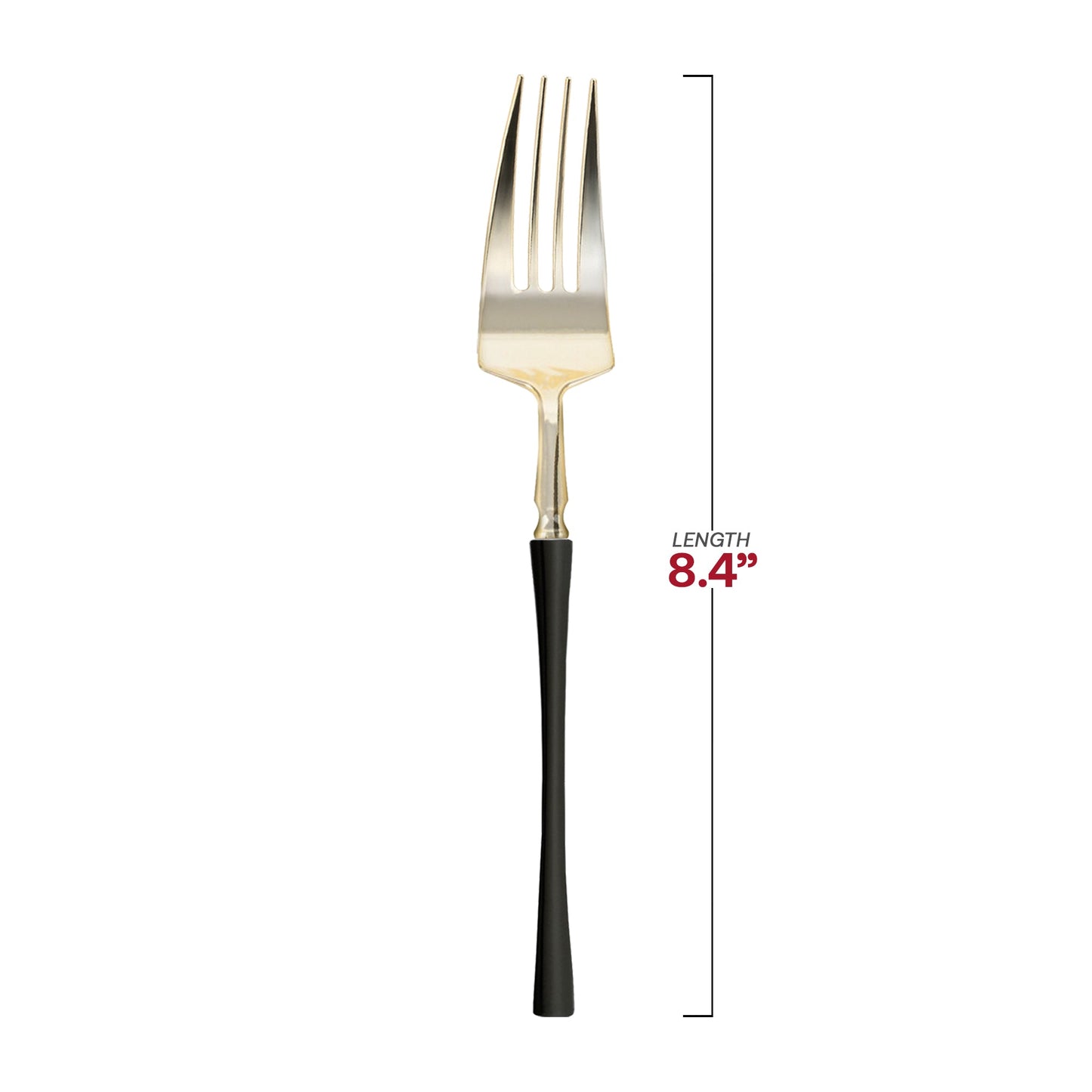 Gold plastic dinner forks, 8.4-inch dimension, paired with contemporary black handles.