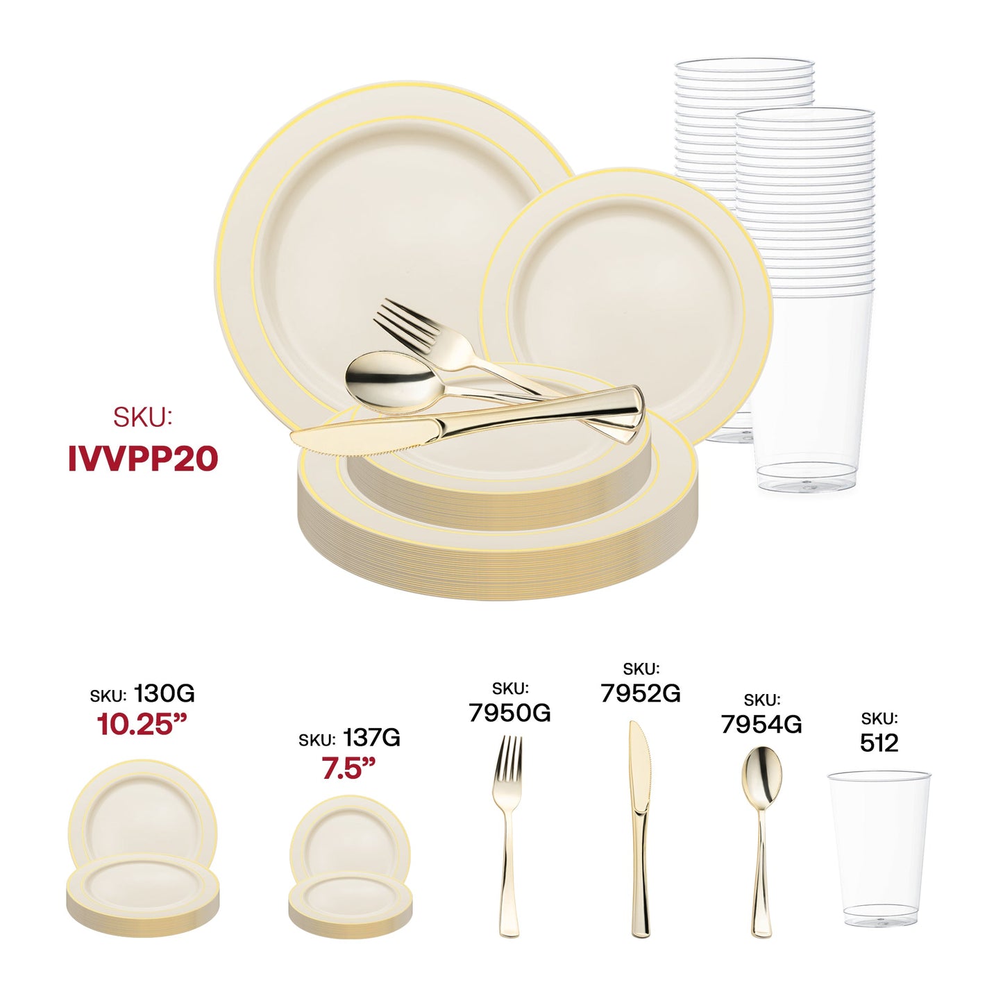 Graceful event décor highlighted by the Ivory with Gold Edge Rim Plastic Wedding Set and luxurious gold-accented cutlery