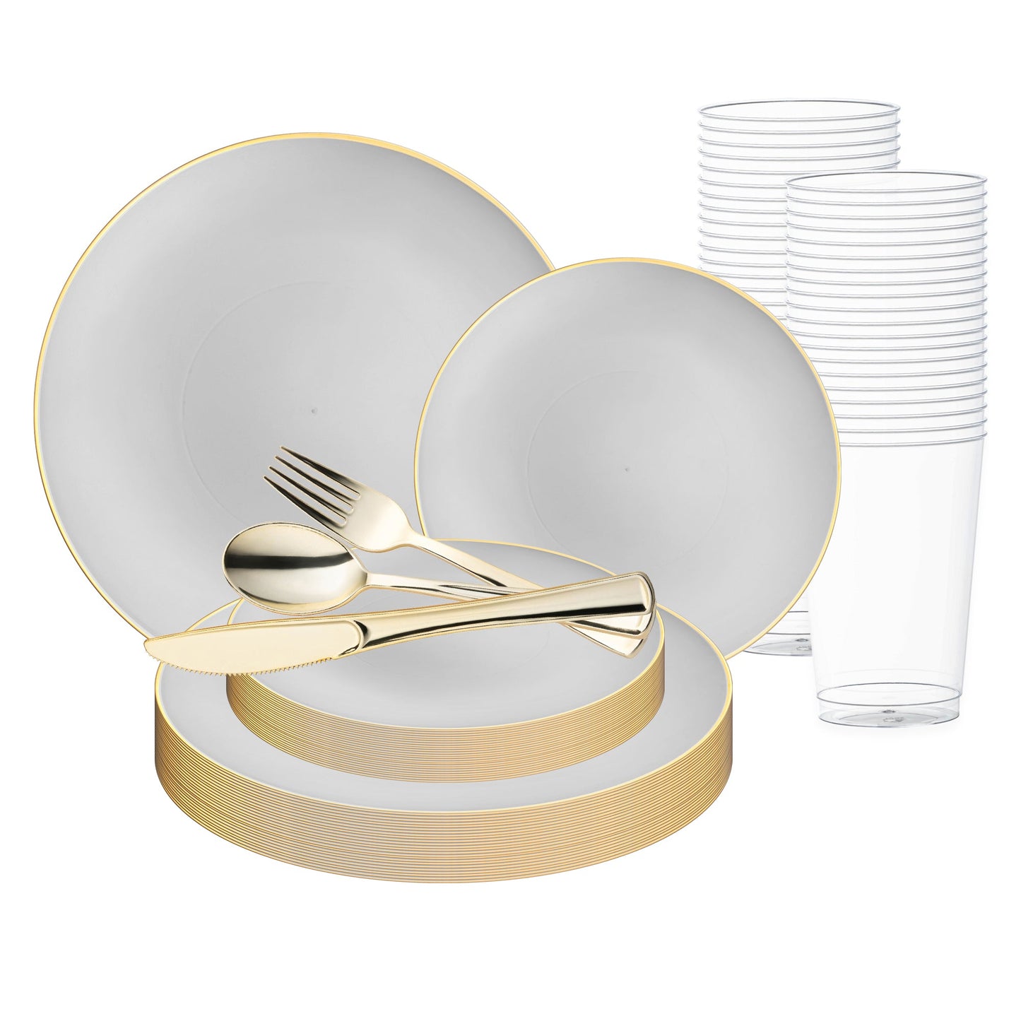 Gray with Gold Organic Round Disposable Plastic Wedding Value Set with gold cutlery, combining a sleek gray design with elegant gold accents, perfect for adding sophistication to your event