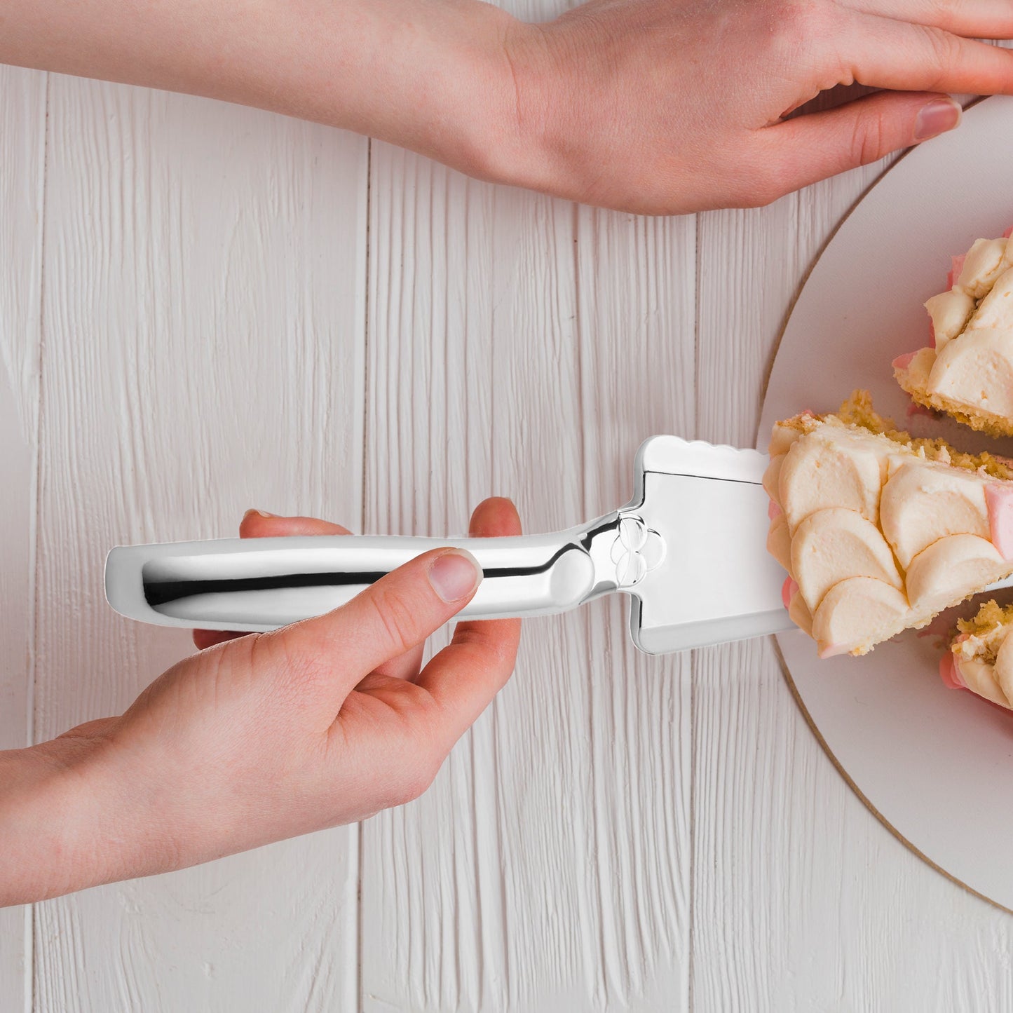 Guests served slices easily with plastic silver-colored cutters at dessert stations.