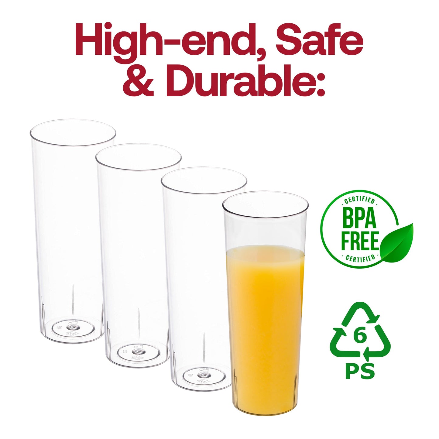 High-quality clear plastic high ball cups with a round design, 10 oz capacity, BPA-free.