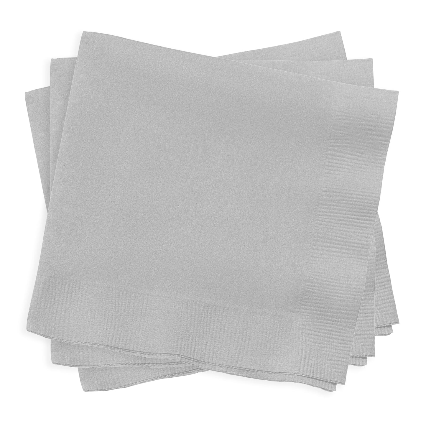 High-quality shimmering silver paper beverage napkins, 10" x 10", durable and absorbent, adding a touch of luxury to any drink service.
