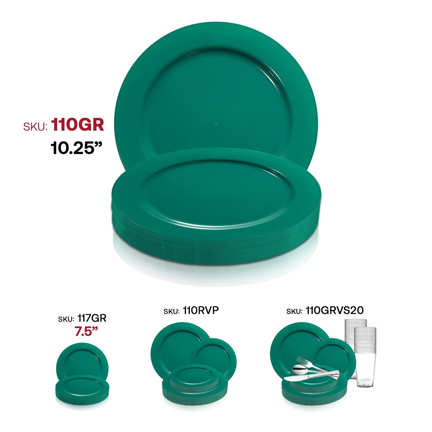 Holiday-themed solid green round disposable dinner plates, made of plastic