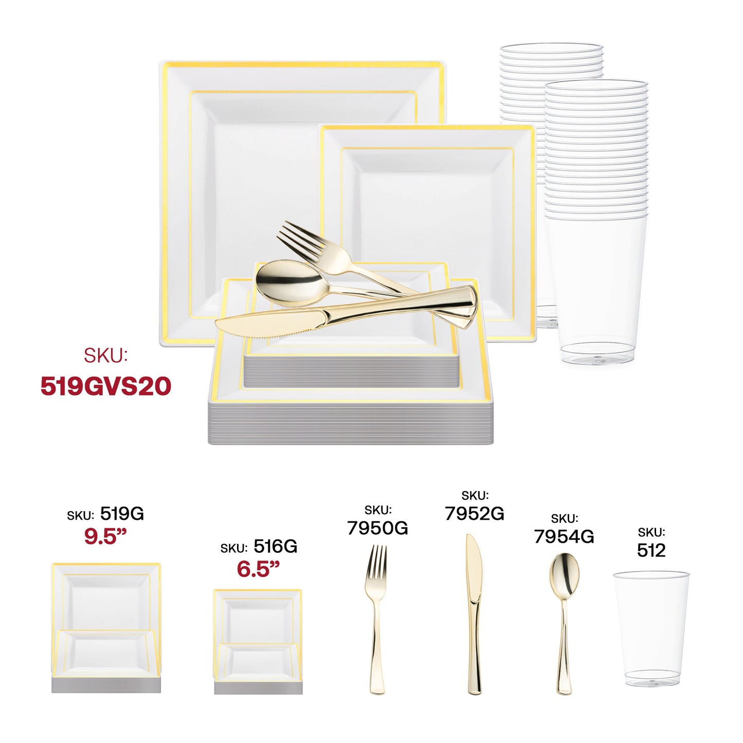 Host a chic reception accented by the White with Gold Square Edge Rim Plastic Wedding Value Set and luxurious gold details