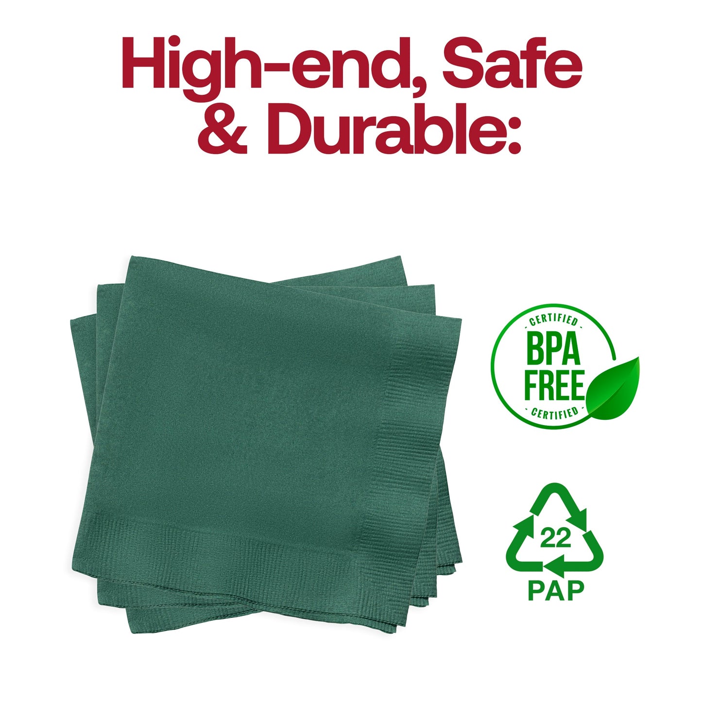 Hunter green paper beverage napkins, 10" x 10", BPA-free and food-safe, perfect for eco-conscious and stylish drink service.
