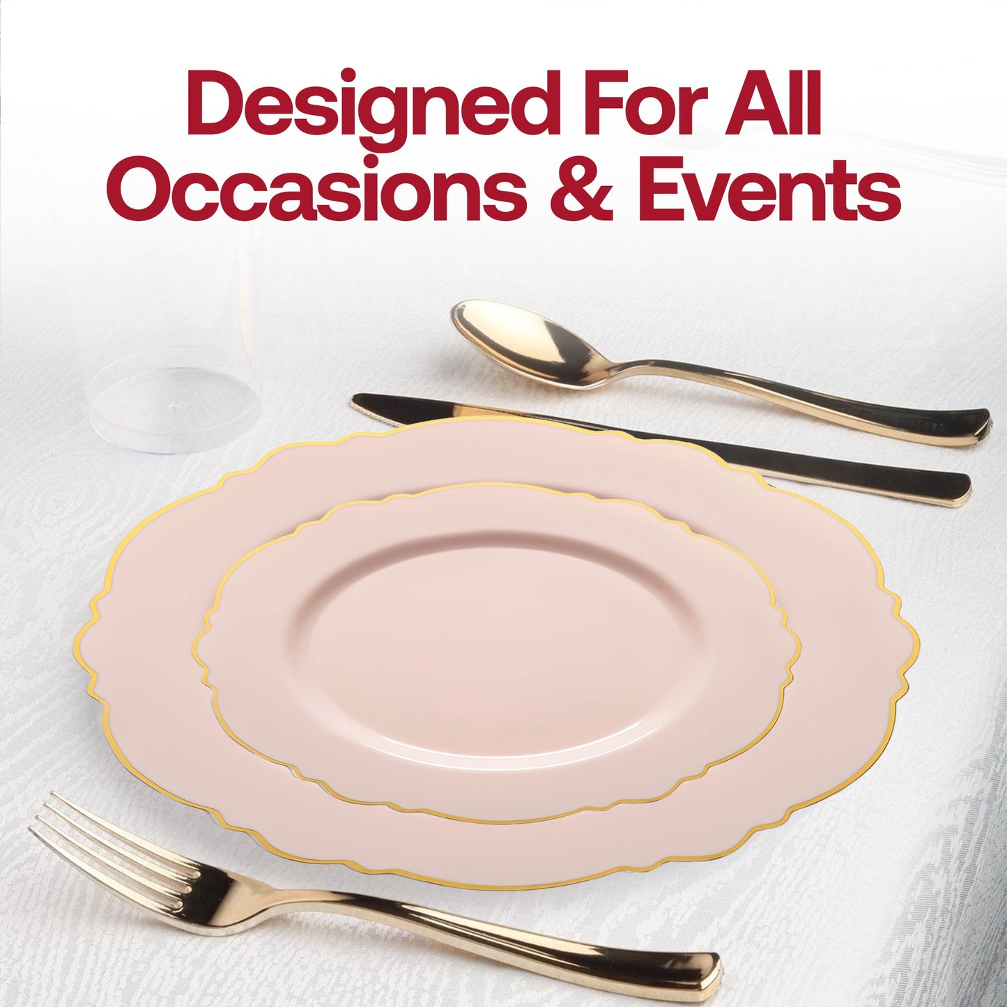 Impress your guests with the Pink with Gold Rim Round Blossom Disposable Plastic Wedding Value Set with gold cutlery, a stunning choice for upscale events and special occasions