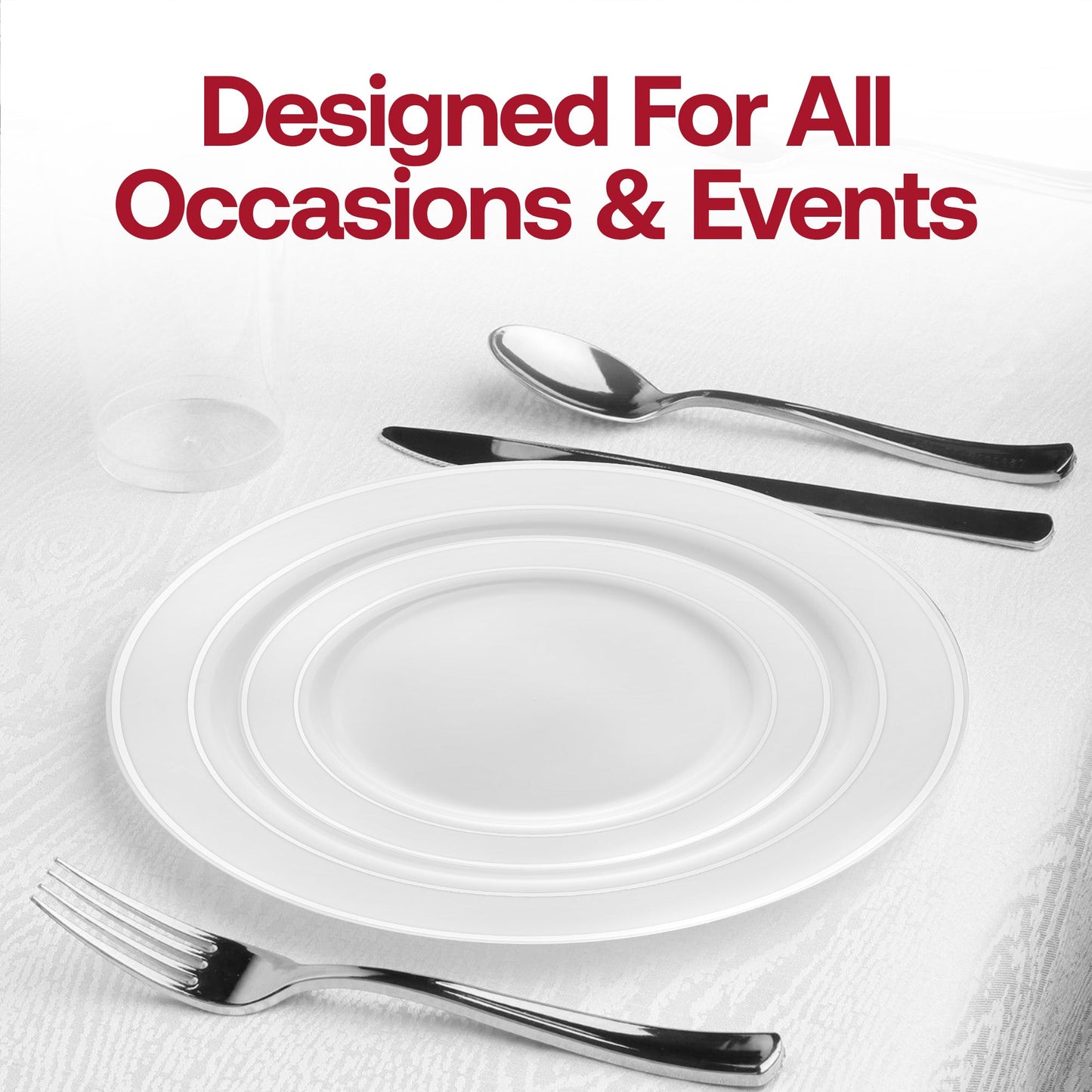 Impress your guests with the White with Silver Edge Rim Plastic Wedding Value Set, ideal for creating a sleek, modern atmosphere at your wedding or event