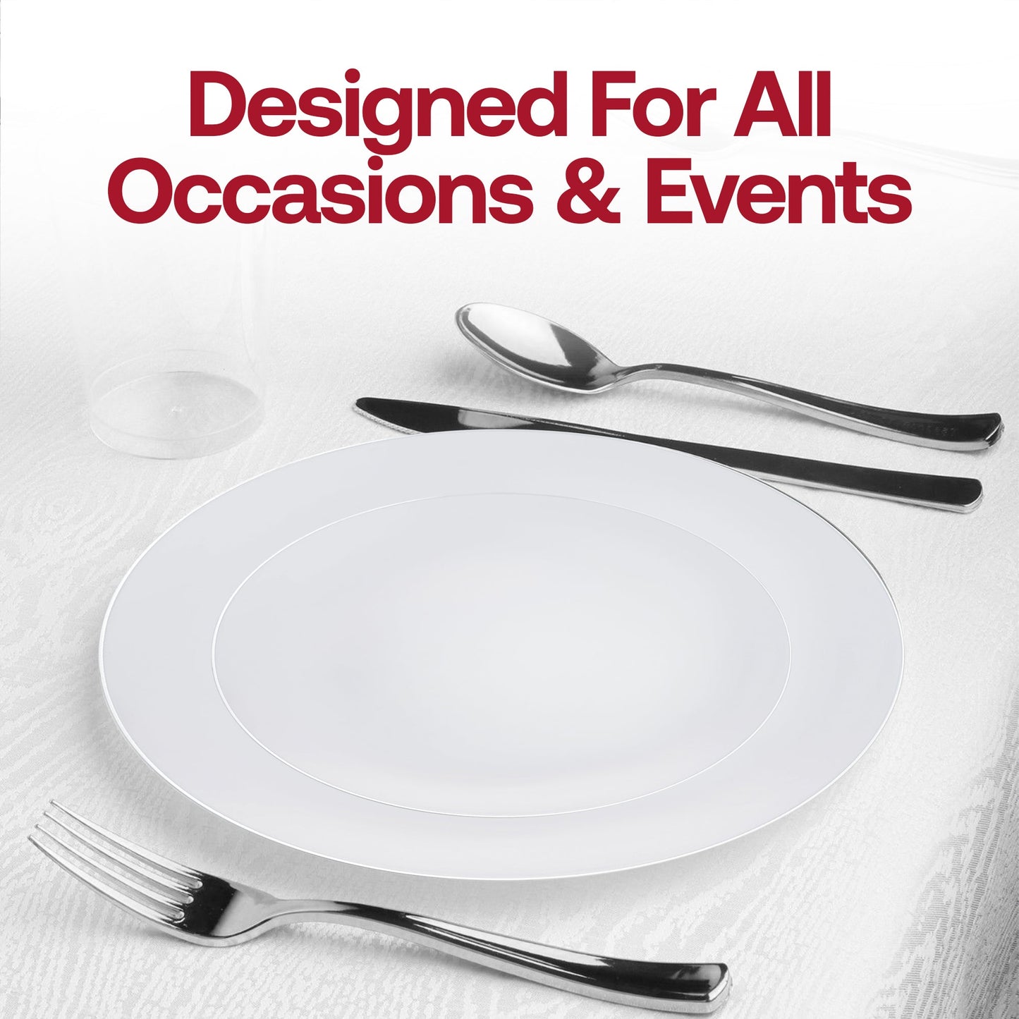 Impress your guests with the White with Silver Rim Organic Round Disposable Plastic Wedding Value Set, a beautiful way to bring elegance and class to any special occasion