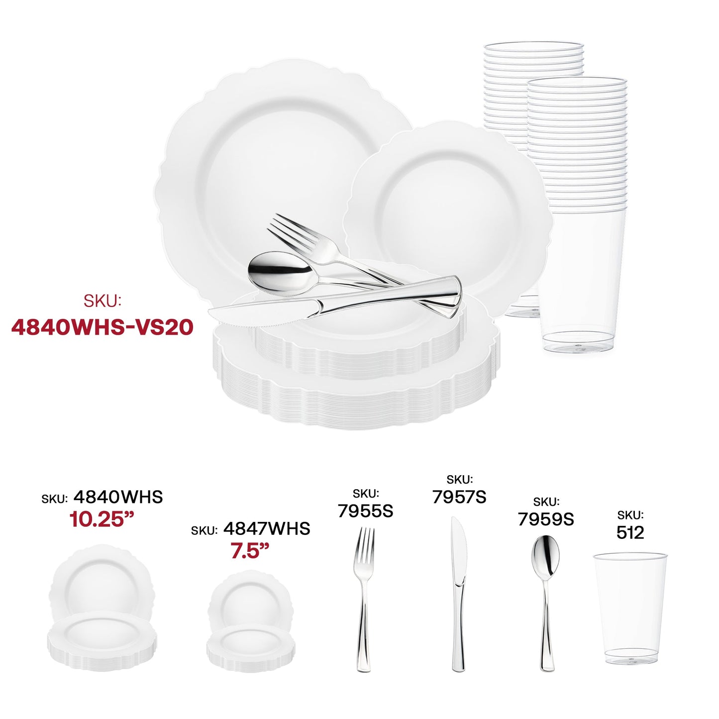 Impress your guests with the White with Silver Rim Round Blossom Disposable Plastic Wedding Value Set, an ideal choice for adding a touch of class to any formal event