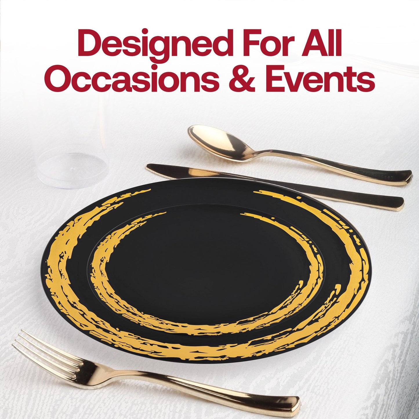 Impress your guests with the stunning beauty of the Black with Gold Moonlight Round Disposable Plastic Wedding Value Set, a perfect addition to any elegant celebration
