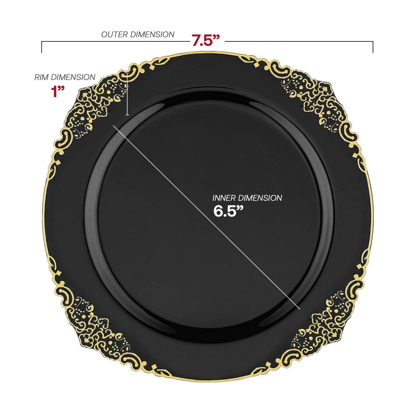 Includes 7.5" appetizer plates and 10.25" dinner plates from the Black with Gold Fancy Round Dinnerware Set