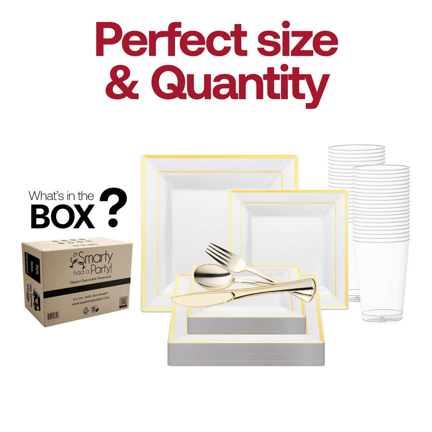 Includes 9.5” dinner plates, 6.5” appetizer plates, 7.25” forks, 8” knives, 6.25” spoons, and 4.5” cups