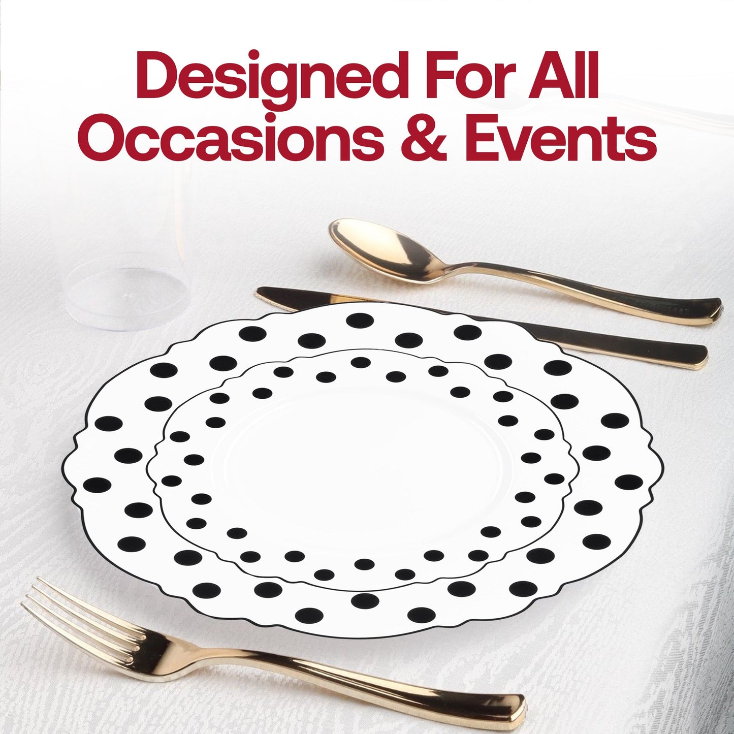 Infuse your event with a trendy and sophisticated air using the White with Black Dots Round Blossom Disposable Plastic Wedding Value Set, designed to leave a lasting impression at any occasion