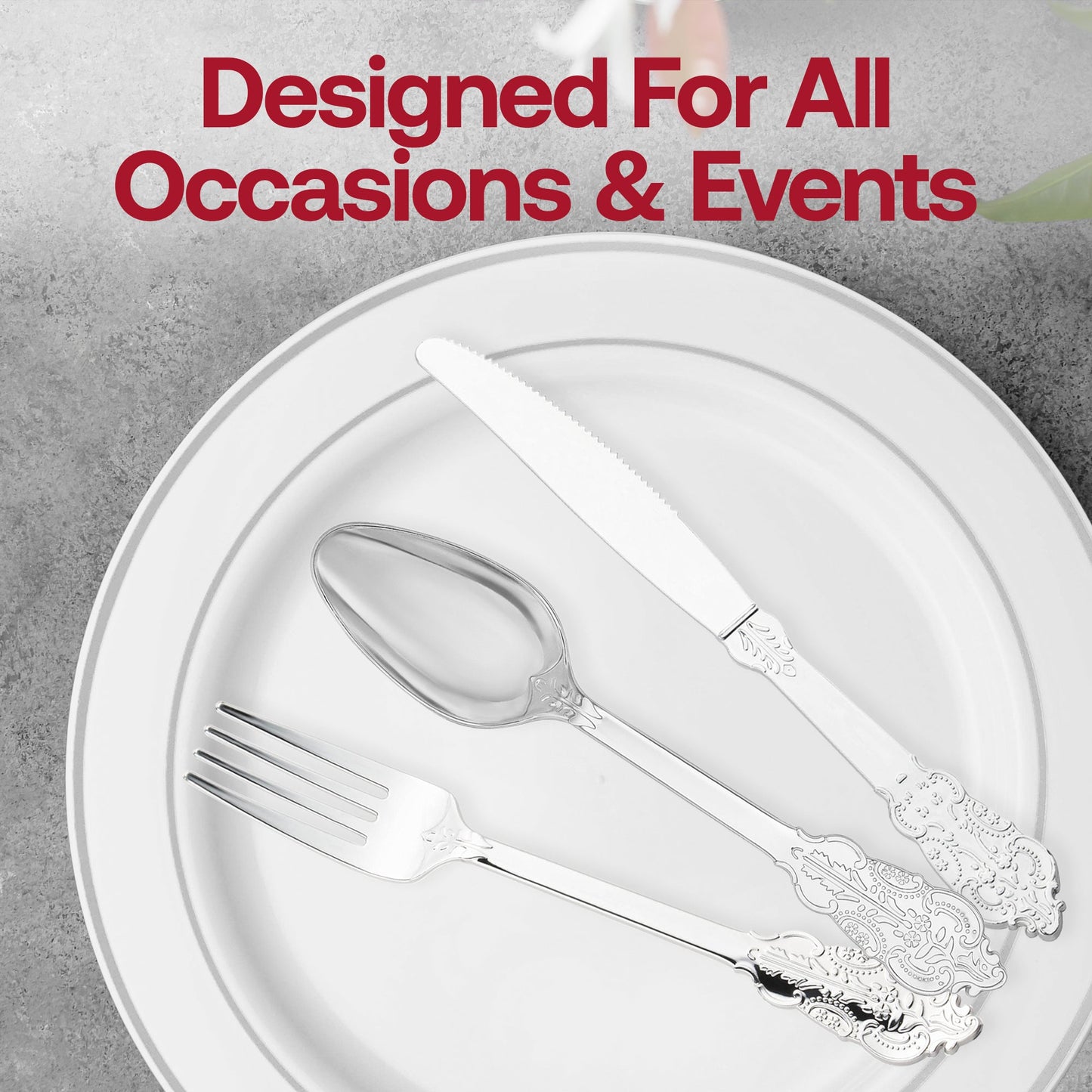 Intricately designed silver baroque plastic forks, 7.4-inch, 600-pack – Stylish and durable forks with a decorative touch for formal occasions.