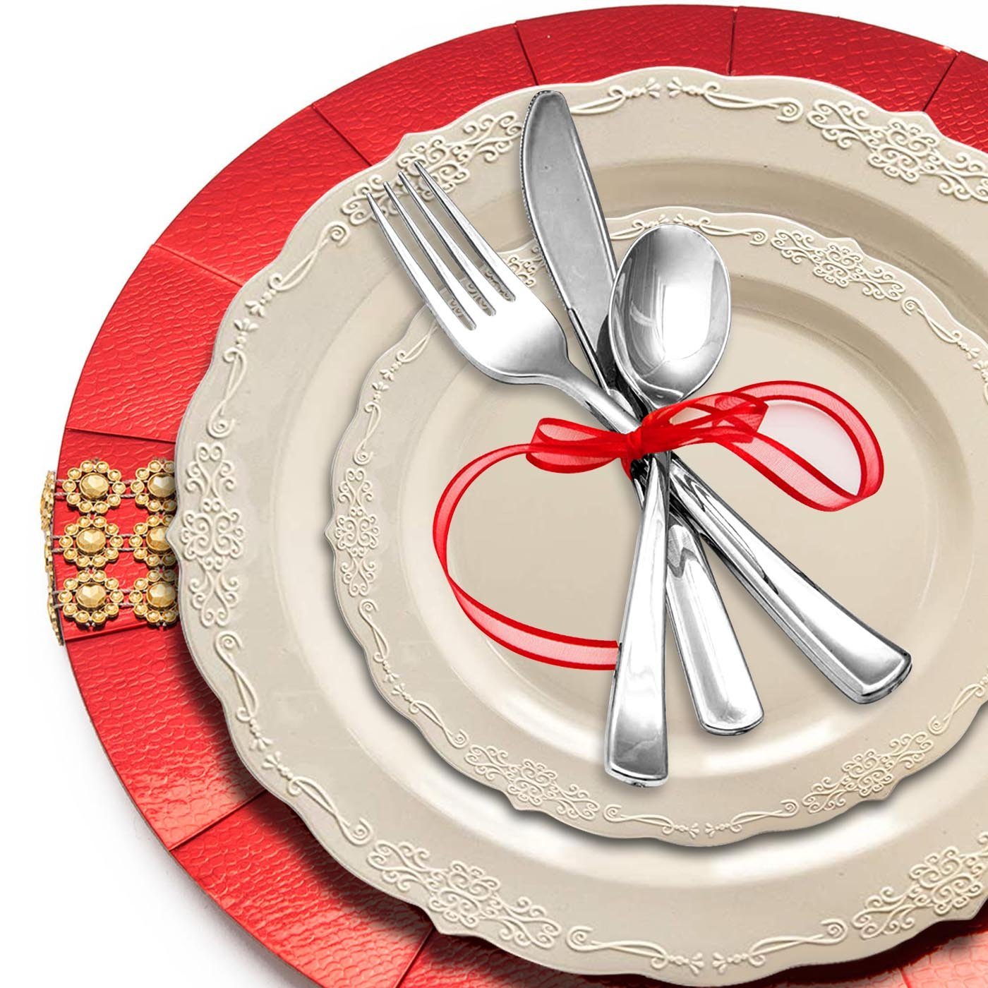 Ivory 10-inch dinner plates with a sophisticated vintage design, disposable and lightweight, perfect for banquets or parties