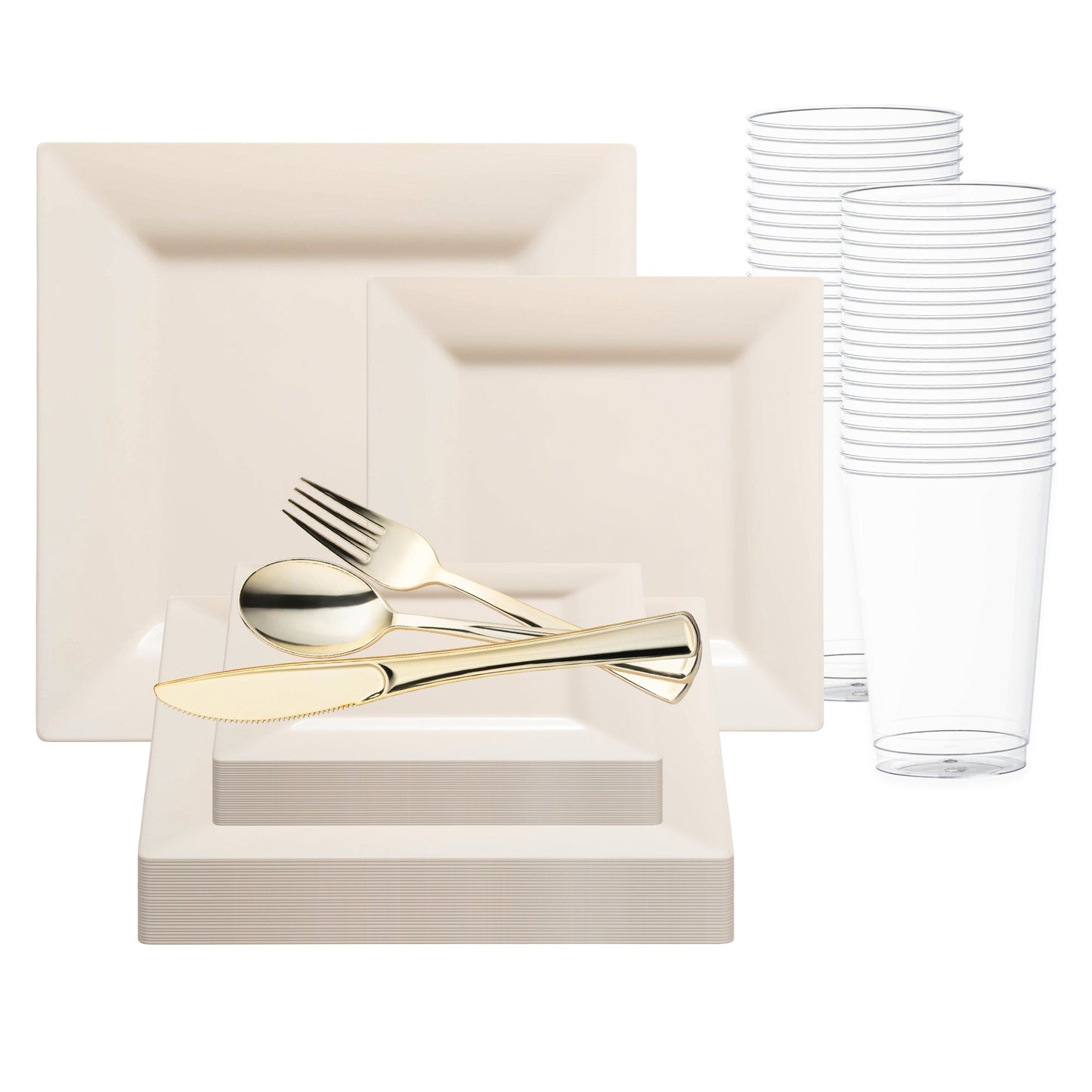 Ivory Square Plastic Wedding Value Set with gold cutlery delivers timeless elegance for weddings, receptions, and events