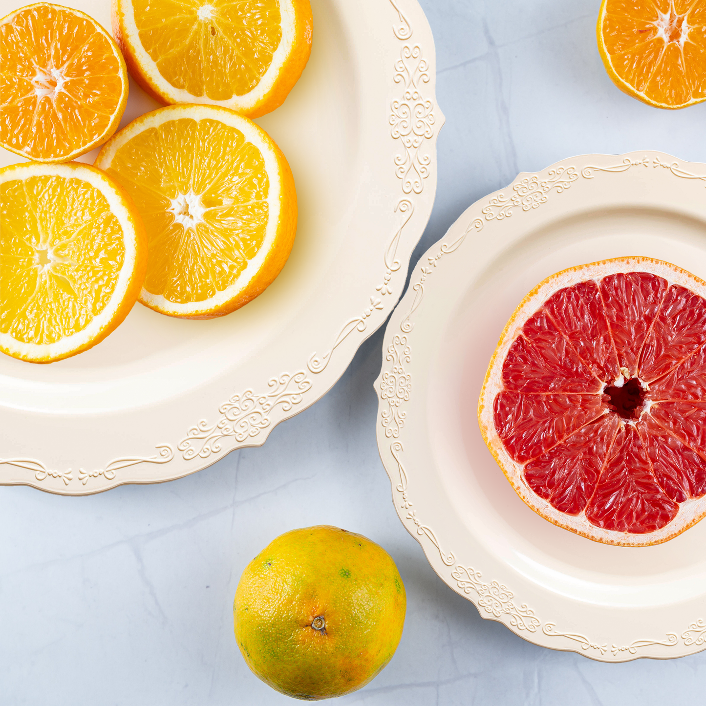 Ivory Vintage Salad Plates were chosen for fruit and cheese at a romantic candlelit gathering.
