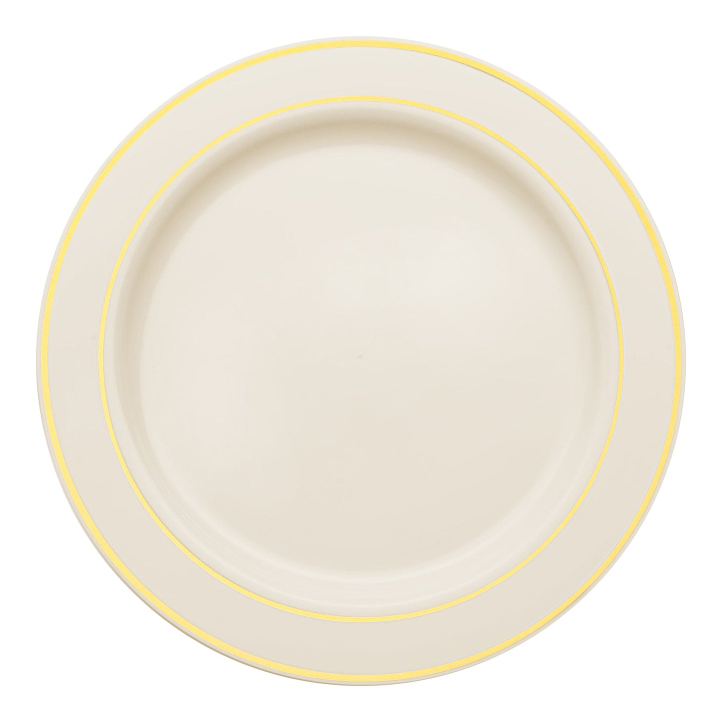 Ivory plastic appetizer plates with a gold edge rim, 7.5-inch diameter