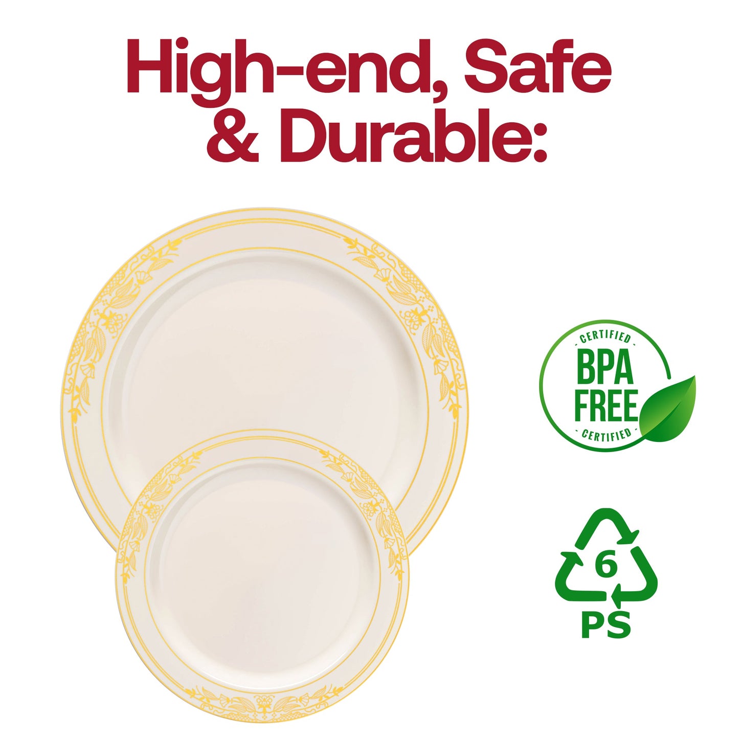 Ivory plastic appetizer plates with a luxurious gold harmony rim, 7.5-inch round design, BPA-free