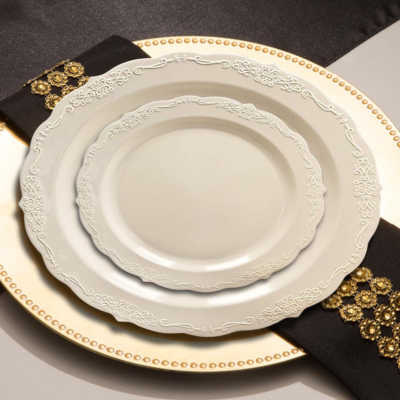 Ivory plastic salad plates featuring an elegant vintage style, 7.5 inches in diameter, perfect for upscale dining
