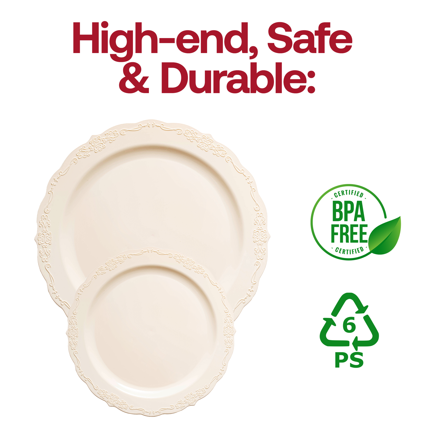 Ivory plastic salad plates with a round shape and intricate vintage detailing, 7.5-inch diameter, BPA-free