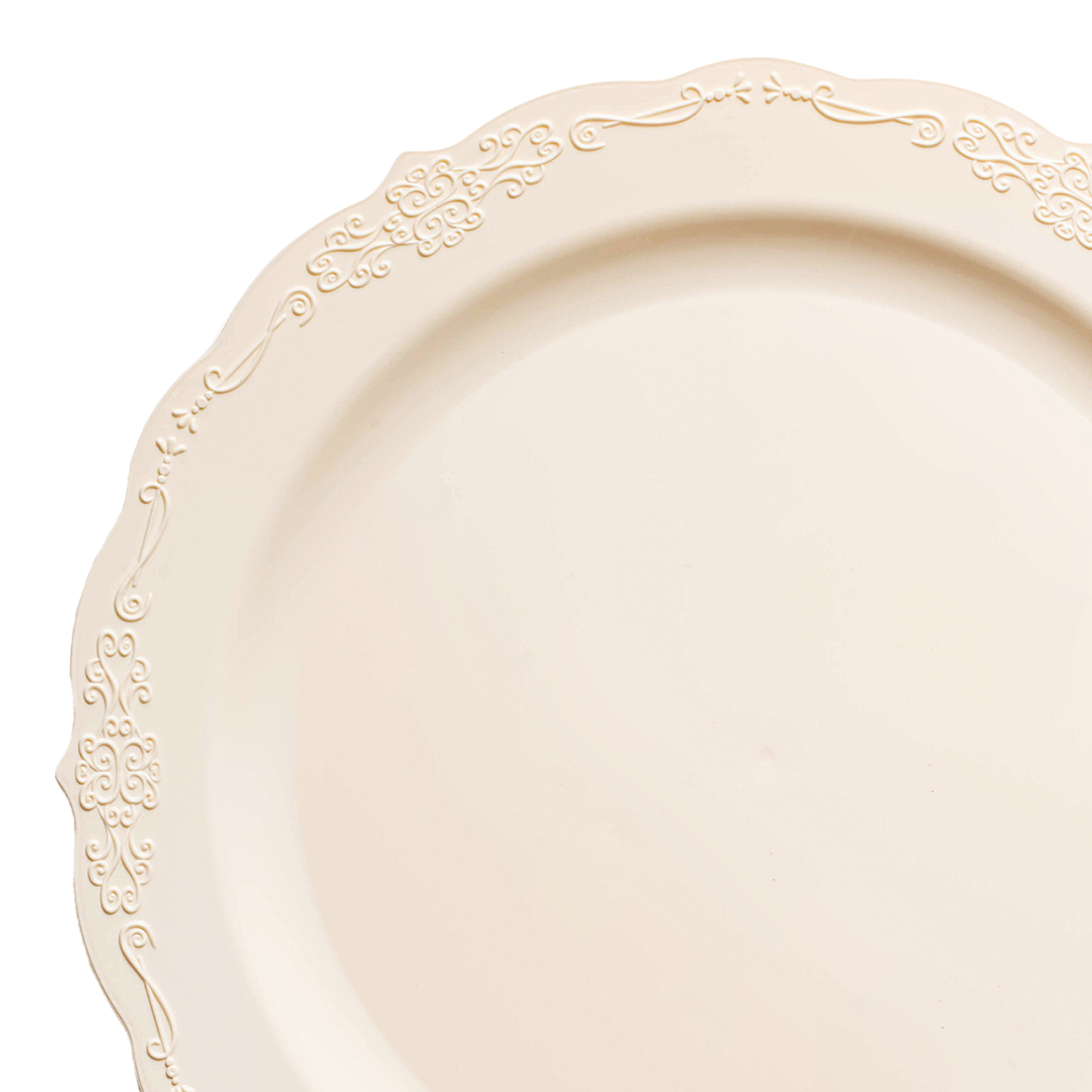 Ivory round disposable plastic appetizer plates with a vintage design