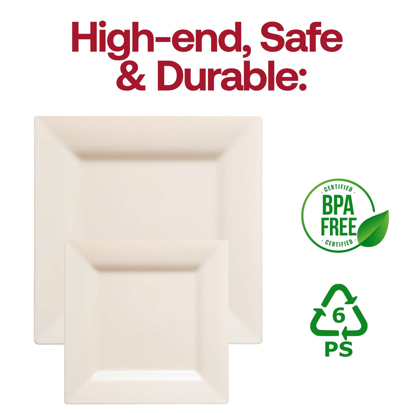 Ivory square plastic plates dinnerware set, BPA-free and food-safe, includes 120 dinner and 120 salad plates for large events.