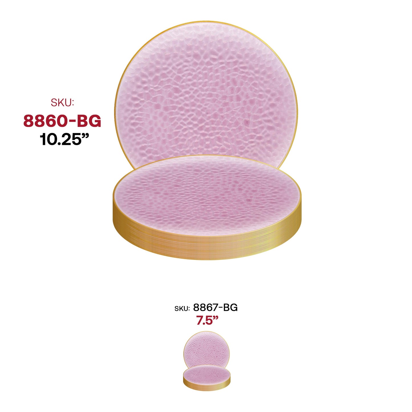 Lightweight disposable plastic plates with a clear pink color and a gold hammered rim