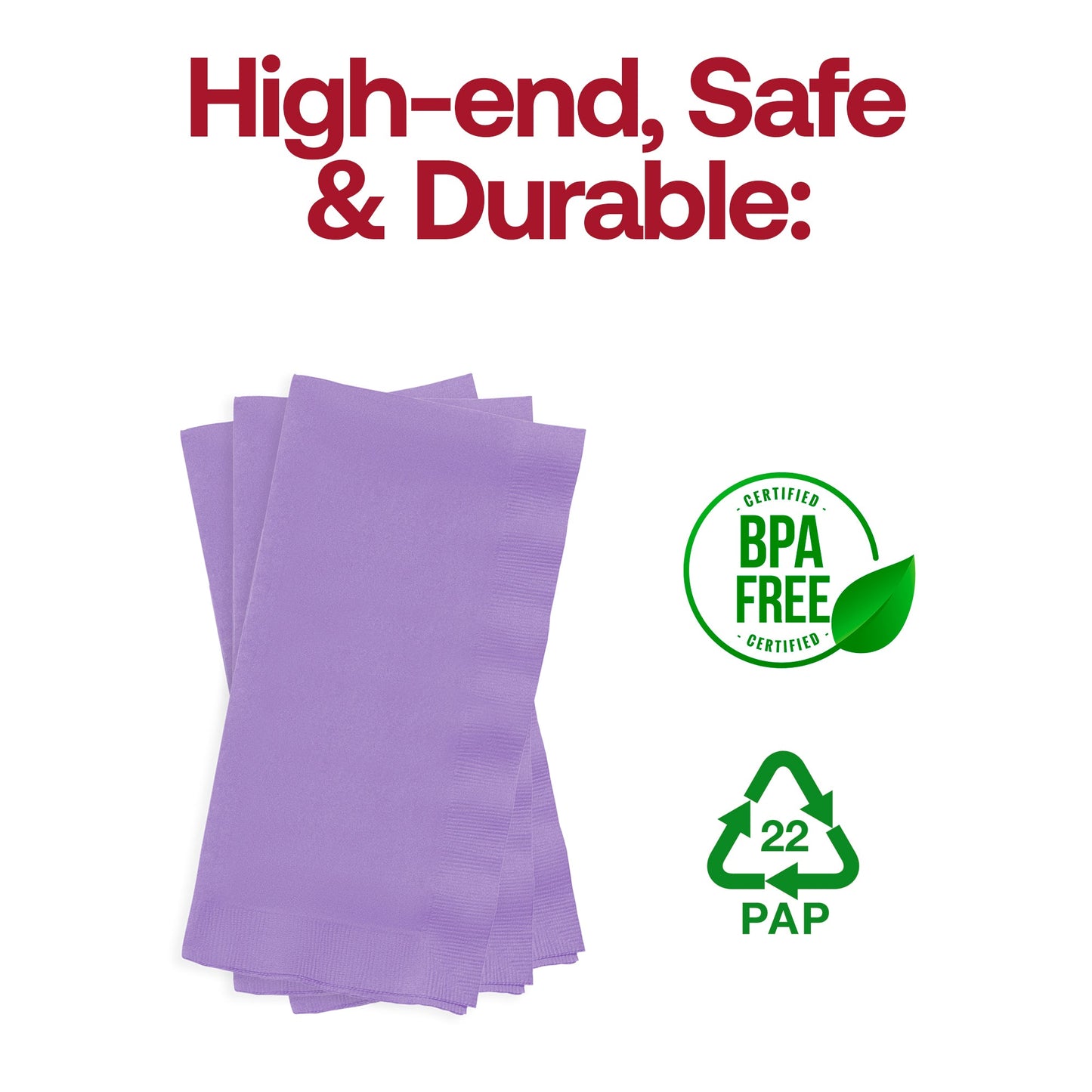 Luscious lavender paper dinner napkins, 16" x 16", BPA-free and food-safe, perfect for stylish and worry-free dining.