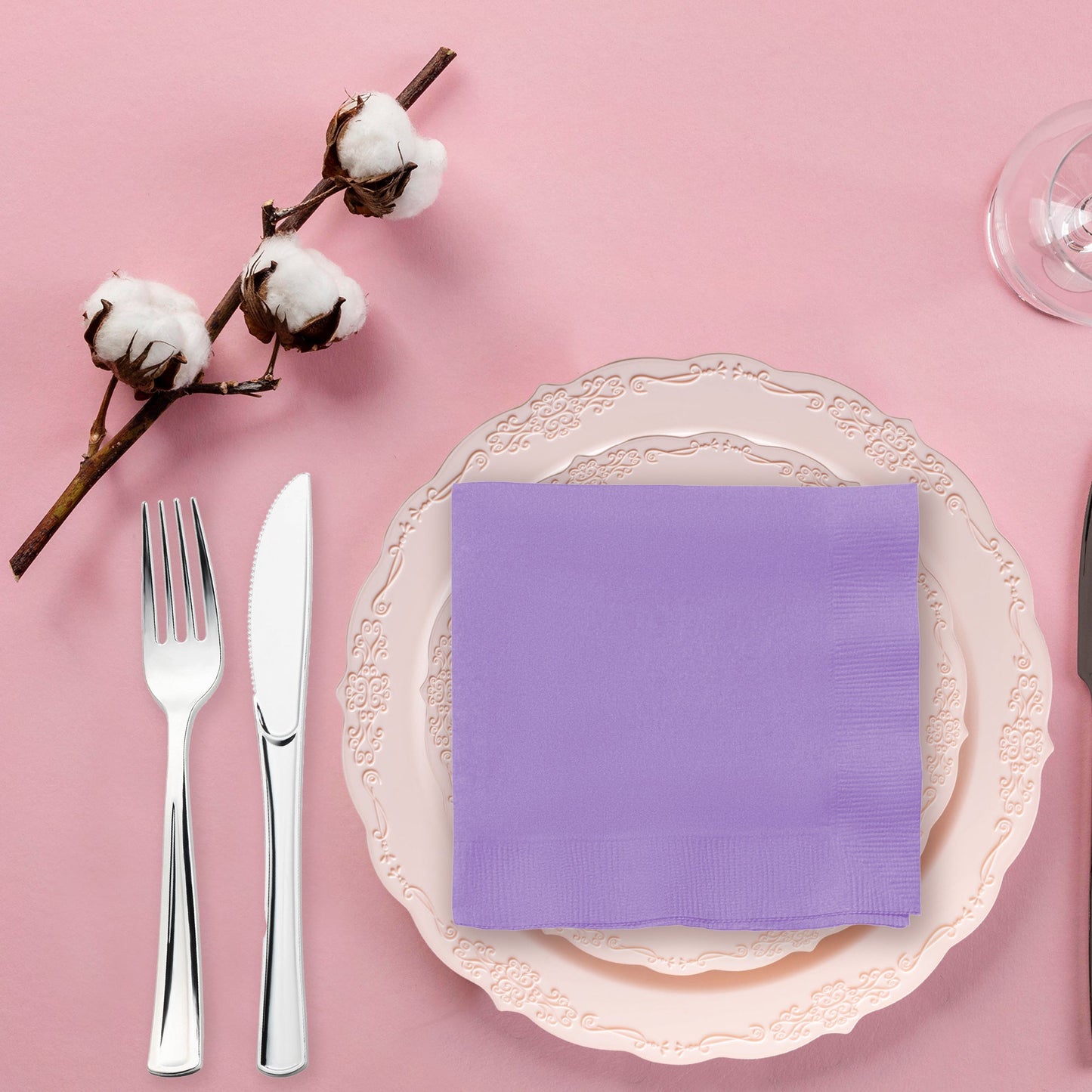 Luscious lavender party napkins made of soft paper, 10-inch unfolded size, perfect for serving cocktails and beverages.
