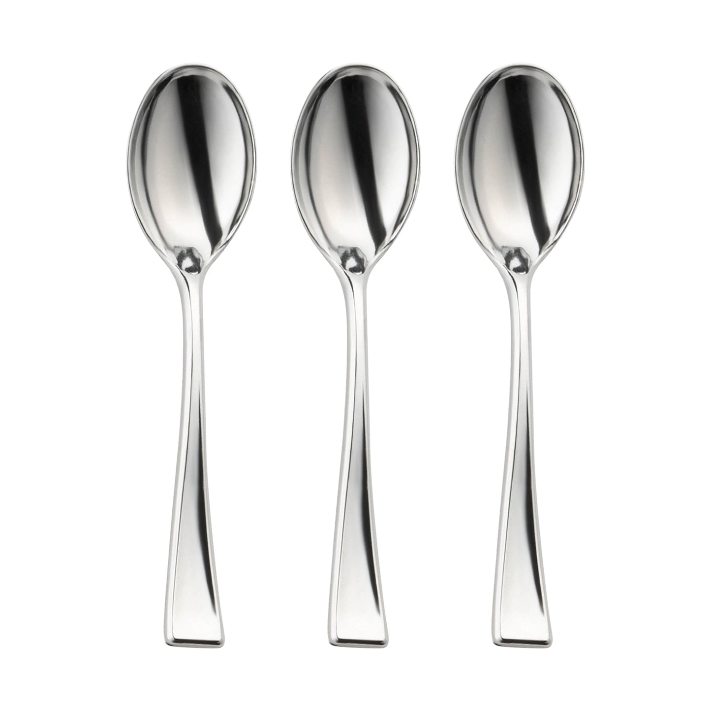 Luxurious metallic silver mini plastic tasting spoons with a sleek design, perfect for fancy dessert displays and upscale events