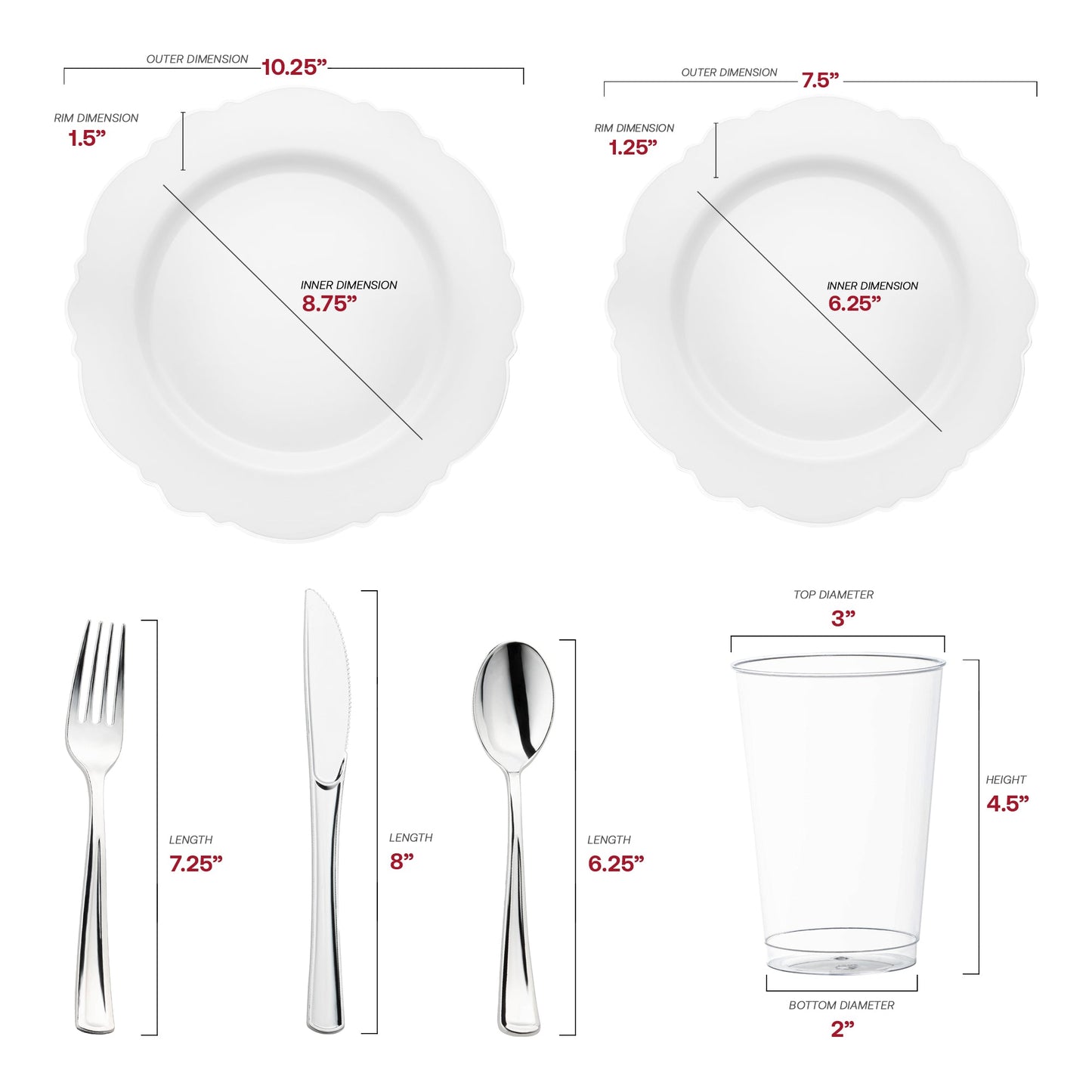 Made from eco-friendly, BPA-free plastic, this White with Silver Rim Round Blossom Disposable Plastic Wedding Value Set offers a safe and sustainable choice for your celebration