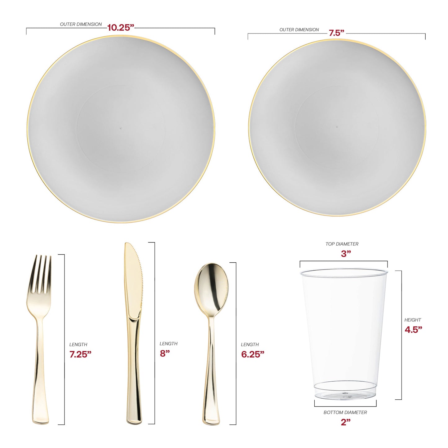 Made from recyclable, BPA-free plastic, the Gray with Gold Organic Round Disposable Plastic Wedding Value Set offers an eco-friendly and safe solution for your wedding or celebration