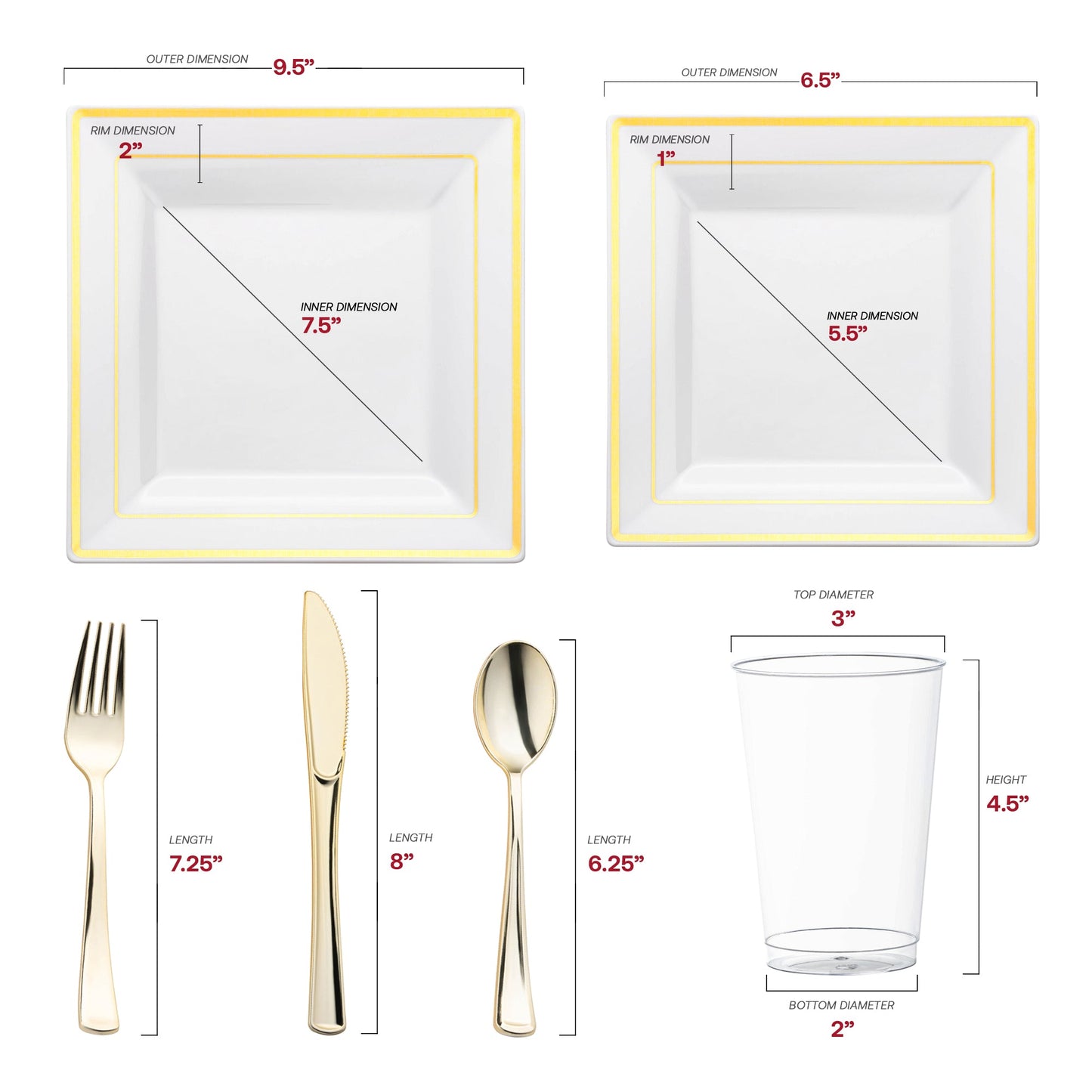 Made from recyclable, BPA-free plastic, the White with Gold Square Edge Rim Plastic Wedding Set provides a safe and eco-friendly choice