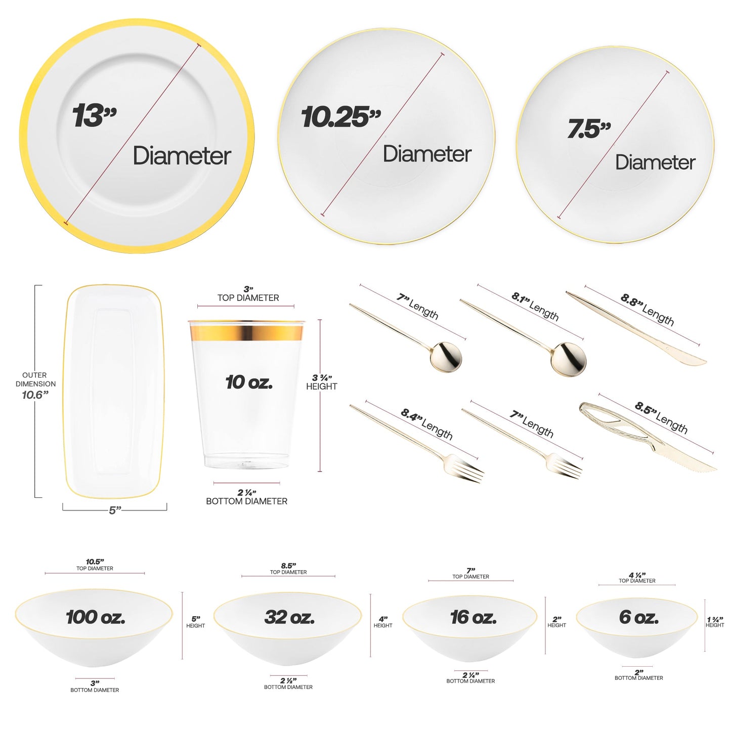 Made with BPA-free, recyclable materials, the White with Gold Moonlight set brings eco-conscious elegance to any celebration