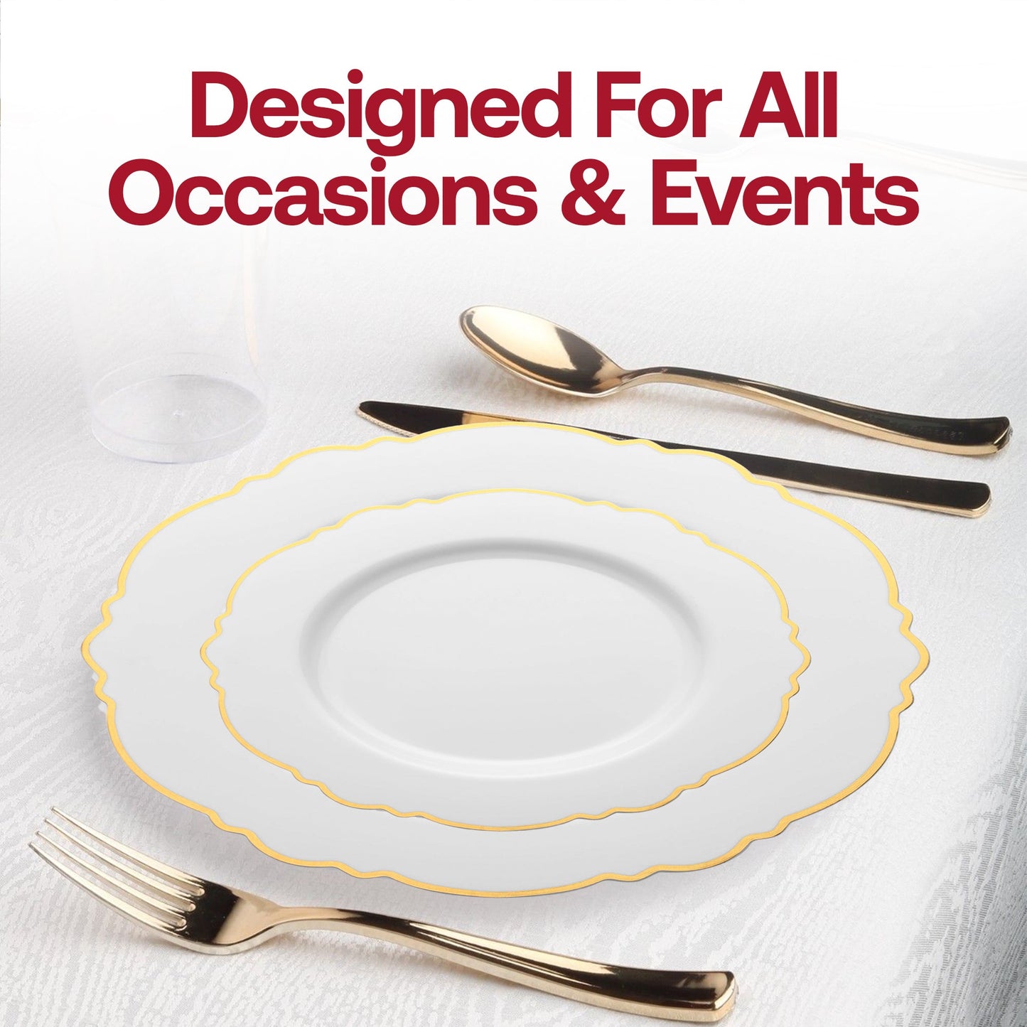 Make a statement with the White with Gold Rim Round Blossom Disposable Plastic Wedding Value Set, a perfect addition to elegant weddings and special celebrations.