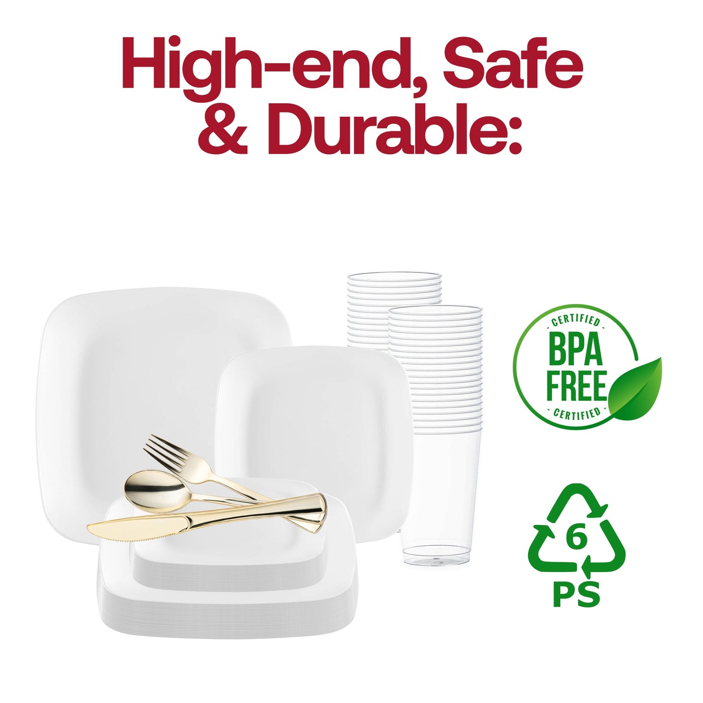 Make your wedding memorable with the Solid White Flat Rounded Square Disposable Plastic Wedding Value Set with Gold Cutlery, adding a sophisticated touch to your event with sleek, modern design