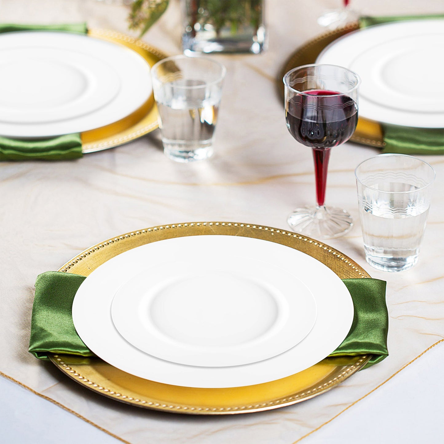 Matte Milk White Round Disposable Plastic Wedding Value Set with gold silverware, SKU 4850WH-VS20, includes 10" dinner plates, 7.5" appetizer plates, 7.25" forks, 8" knives, 6.25" spoons, and 4.5" cups