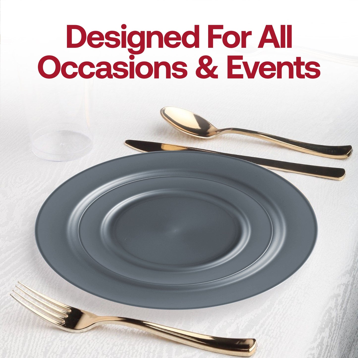 Matte gray plates used at a wedding reception, blending minimalism with elegance for a chic celebration