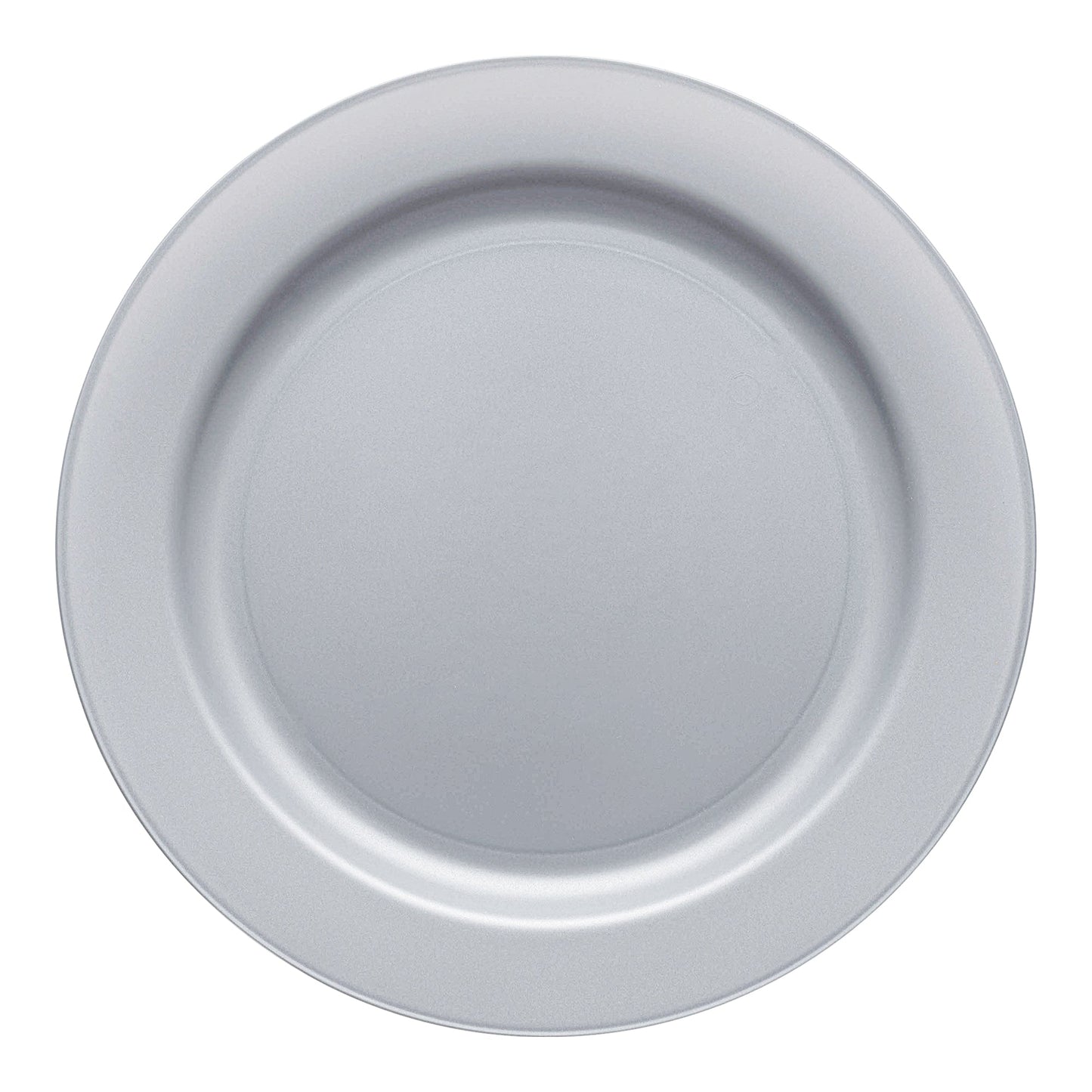 Matte steel gray round disposable plastic dinner plates, 10-inch diameter