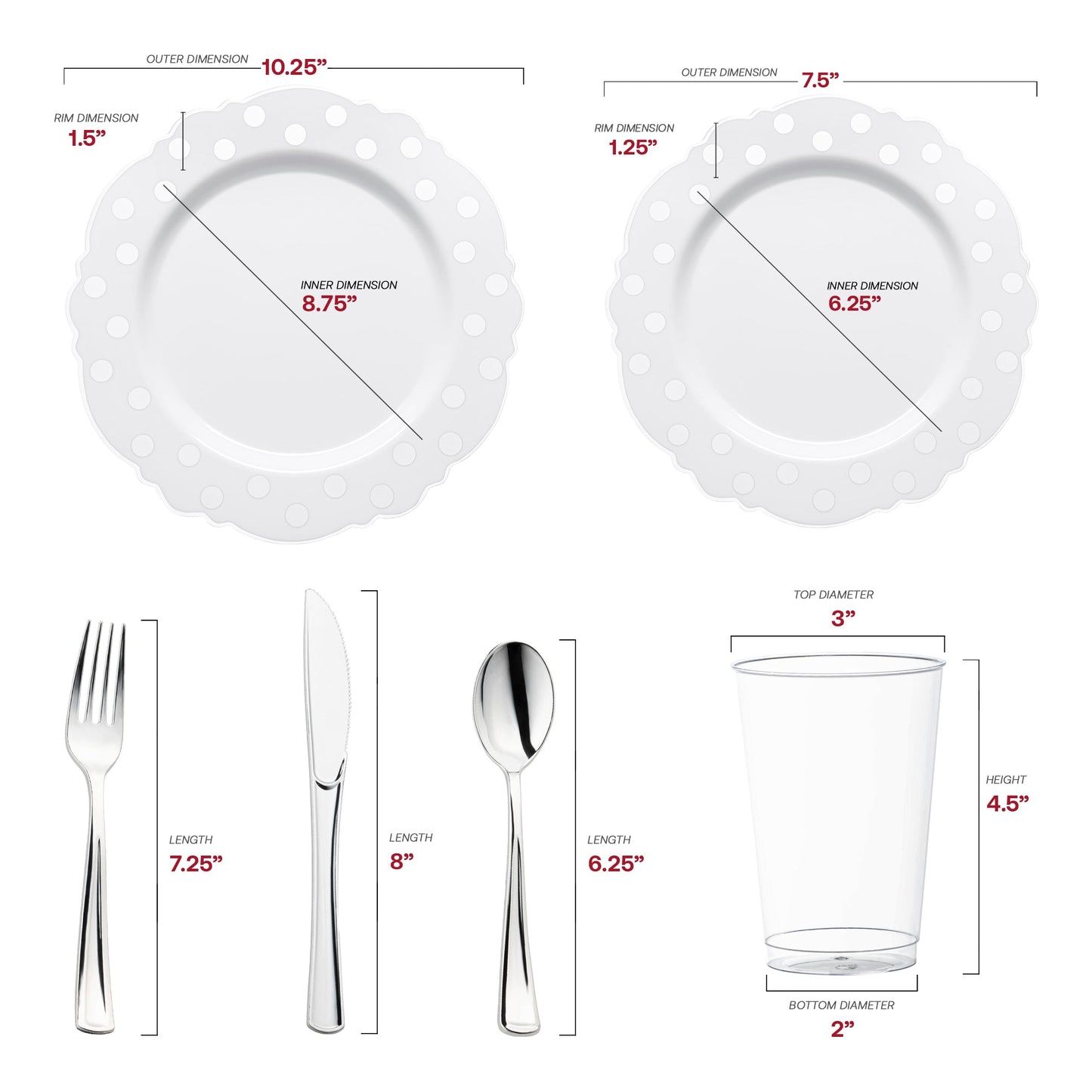 Meticulously crafted from recyclable, BPA-free plastic, this White with Silver Dots Round Blossom Disposable Plastic Wedding Value Set offers an eco-conscious, safe, and stylish solution for your celebration