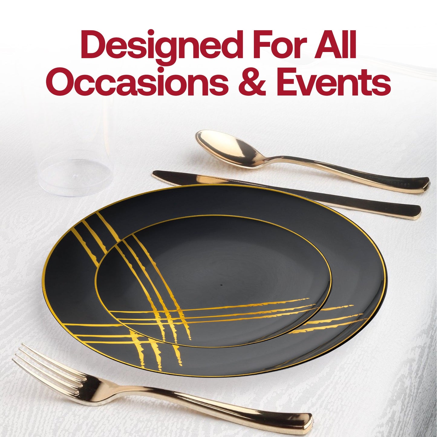 Modern black and gold round dinner plates, 10.25-inch diameter, made of sturdy disposable plastic, 120 pieces included