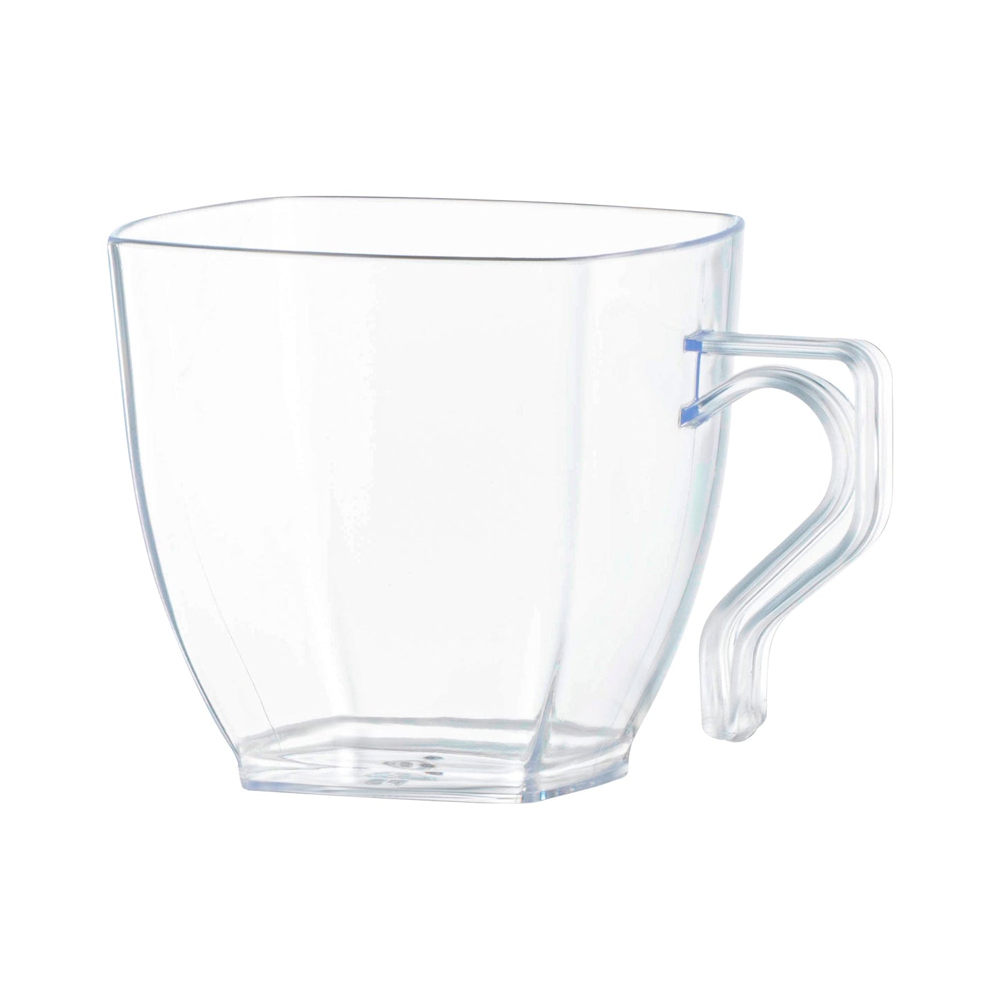 Modern square-shaped clear plastic coffee mugs with a comfortable handle and 8 oz capacity, ideal for everyday use or parties