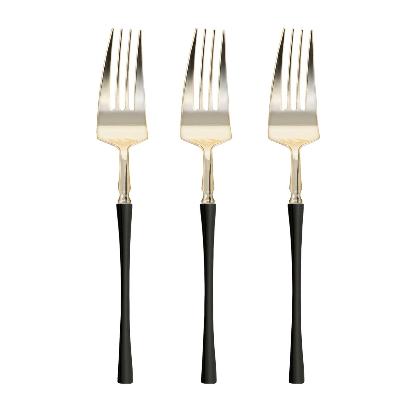 Moderno-style gold plastic forks with stylish black handles, ideal for chic table settings.