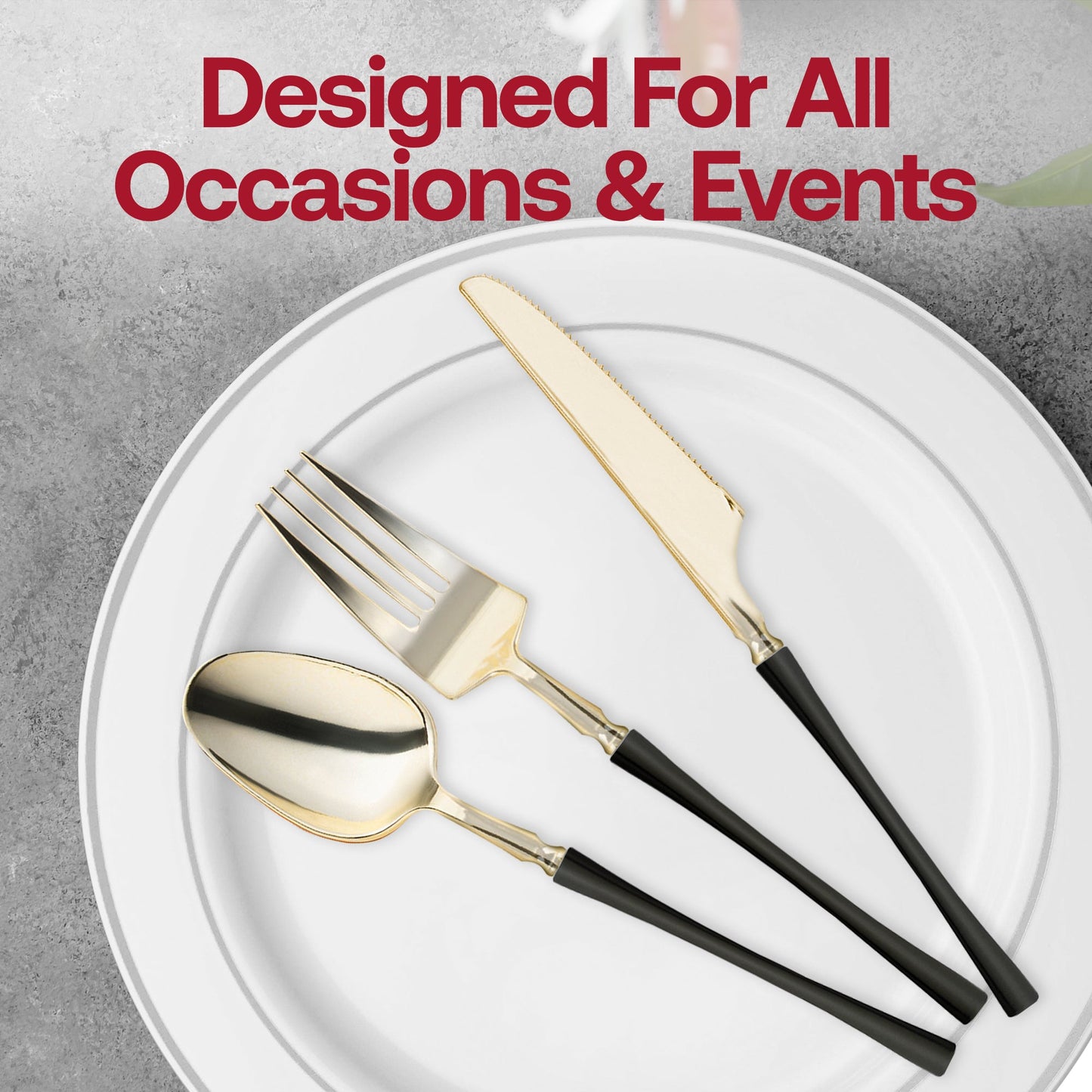 Moderno gold-black disposable forks, plastic construction, convenient and stylish for catered events.