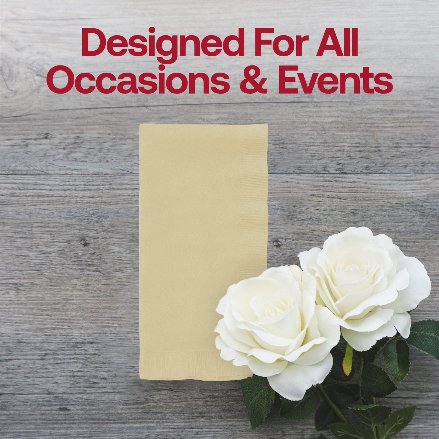 Neatly folded ivory dinner napkin in durable paper, ideal for formal dining, measures 16 x 16 inches, 600-pack.