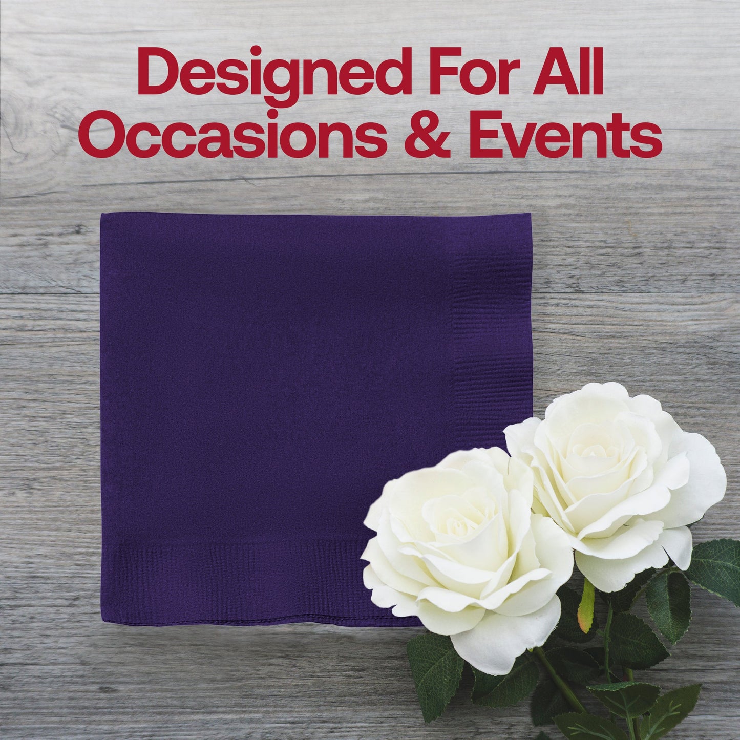 Neatly folded purple beverage napkin in soft paper, 10 x 10 inches when open, included in a 600-count pack.