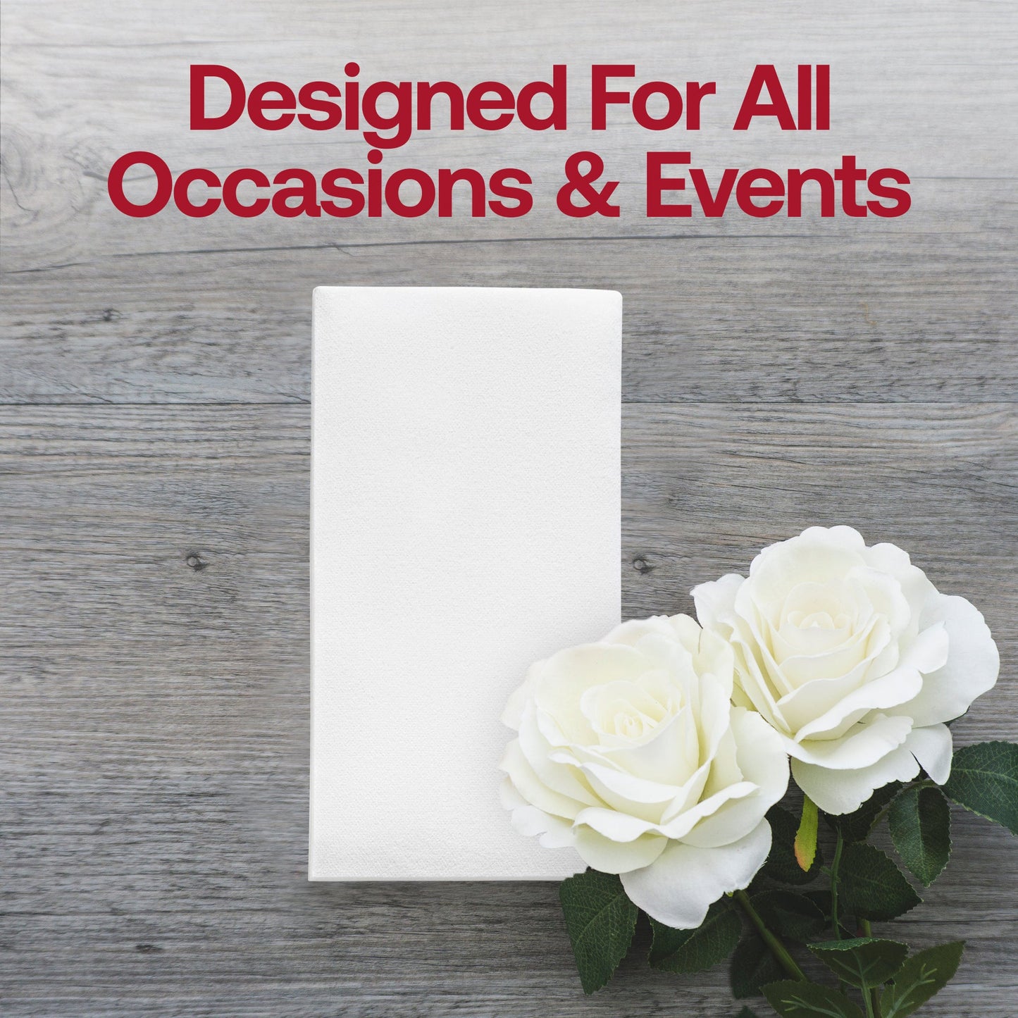 Neatly folded white premium buffet napkin with cloth-like appearance, 15.8 x 15.8 inches, sold in 288 bulk quantity.