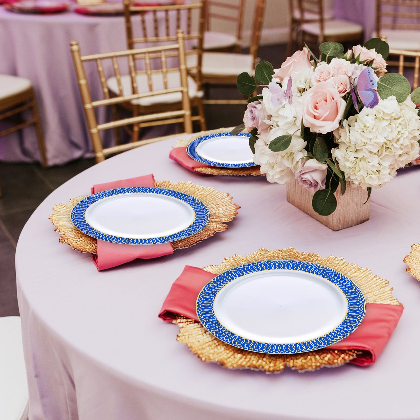 Often seen on white with gold spiral on blue rim plastic dinner plates (10.25")